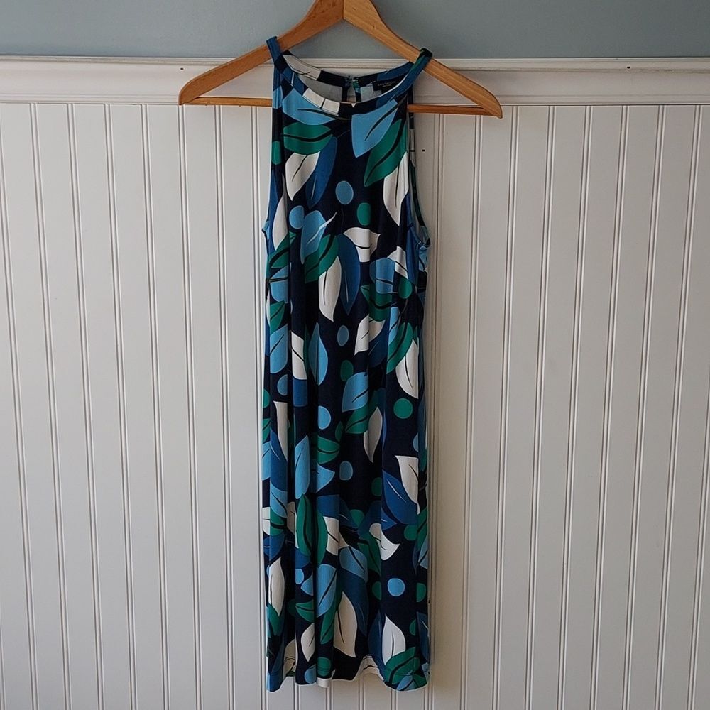 Ann Taylor Factory Sz 4 Sleeveless Midi‎ Dress Navy Blue and Green Leaf